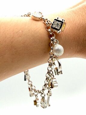 Silver Tone Charm Bracelet Multi Charm Dangle Heart Key Cross